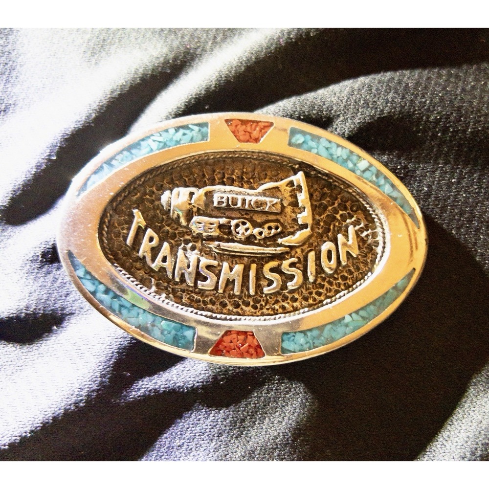 Vintage Buick Transmission Belt‎ Buckle Turquoise Chips Cars Mechanic Western